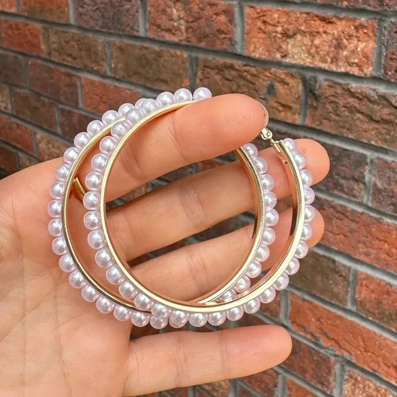 Pearl Hoop  Gold Earrings - Picture 5 of 7